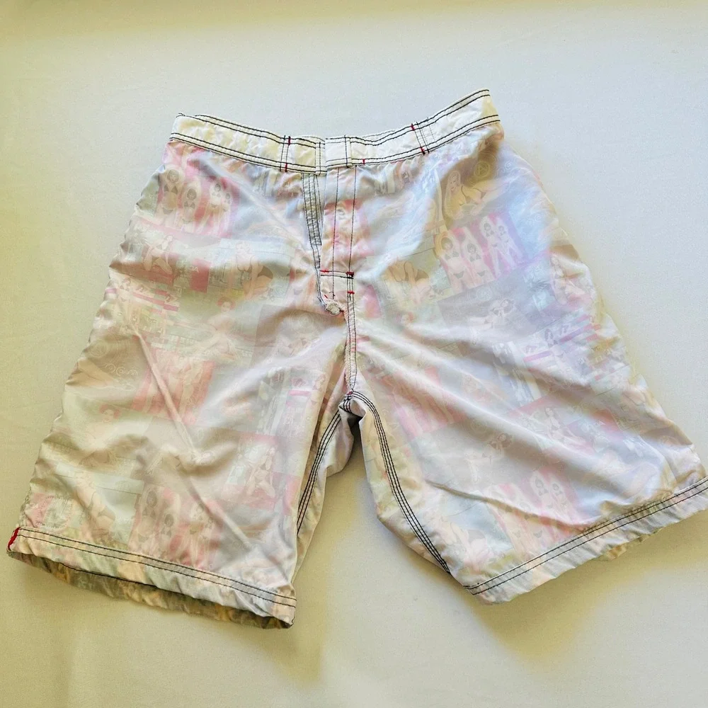 Vintage Aaron Chang Mens Board Shorts 32 Swim Trunks Ripstop Photo Print USA Y2K